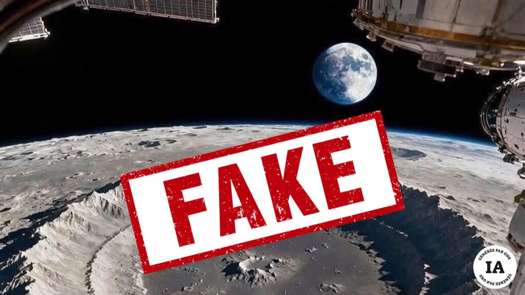 Fausse image de la mission Artémis II générée par IA circulant en ligne. On y voit deux fois la Lune : un cratère en gros plan, et la Lune en fond. // Source : Via X ; montage Numerama Fausse image de la mission Artémis II générée par IA circulant en ligne. On y voit deux fois la Lune : un cratère en gros plan, et la Lune en fond. // Source : Via X ; montage Numerama