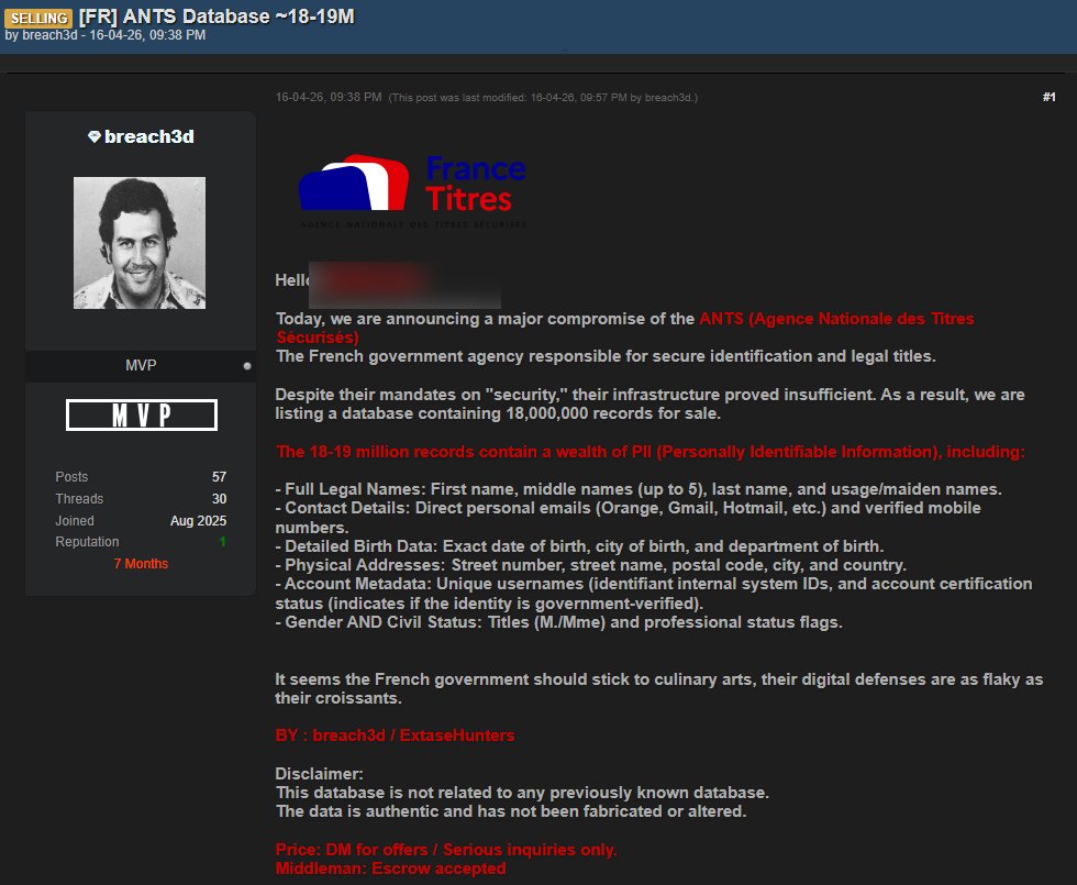 Message du hacker publi&eacute; sur un forum du DarkWeb // Source : Capture d'&eacute;cran Numerama