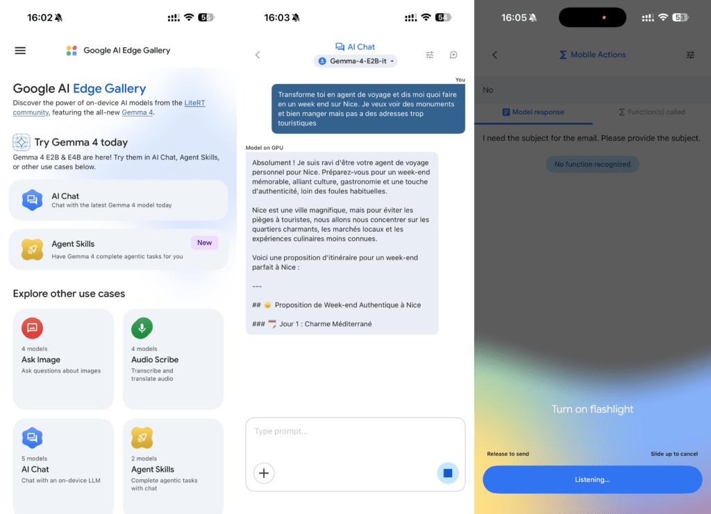 Captures de Google AI Edge Gallery. Captures de Google AI Edge Gallery.