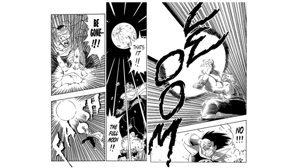 Jackie Chun n'h&eacute;site pas &agrave; faire dispara&icirc;tre la Lune pour emp&ecirc;cher la transformation de Goku. // Source : Shūeisha 