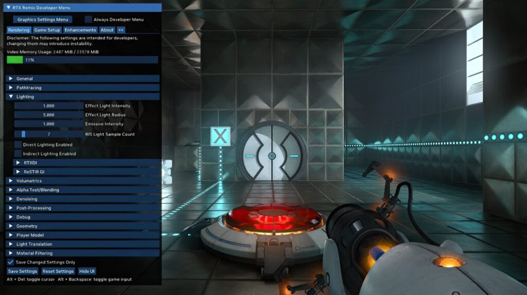 Le menu de personnalisation de Portal RTX Remix