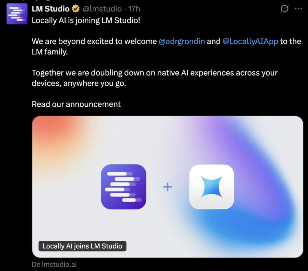 L'annonce de LM Studio, qui rach&egrave;te Locally AI.
