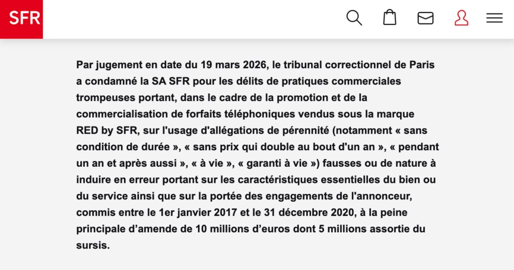 La page d'accueil de SFR le 14 avril 2026.