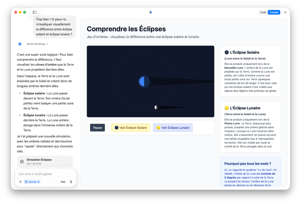 Une web-app sur les &eacute;clipses con&ccedil;ues avec Gemini : elle s'affiche dans l'application.