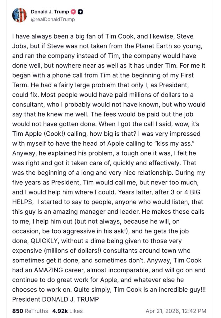 Le post de Donald Trump sur Truth Social.