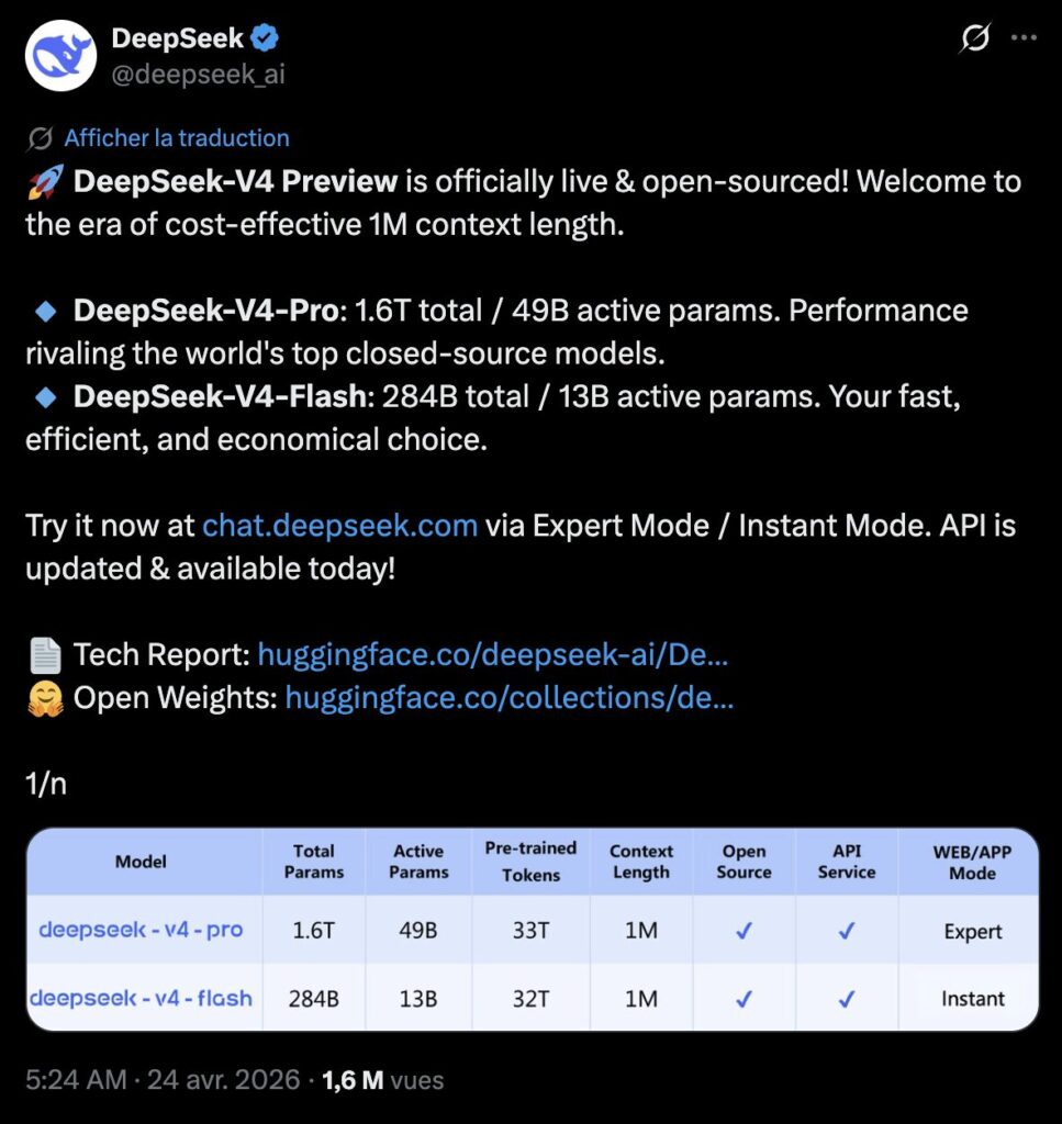 Le tweet d'annonce de DeepSeek-V4. // Source : X