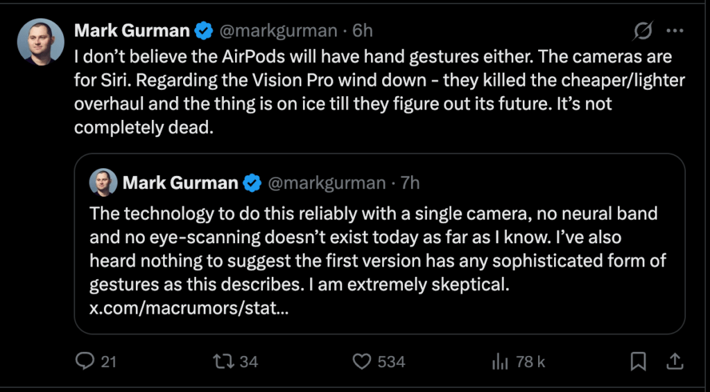 Mark Gurman sugg&egrave;re que la d&eacute;cision n'a pas &eacute;t&eacute; prise sur le Vision Pro.