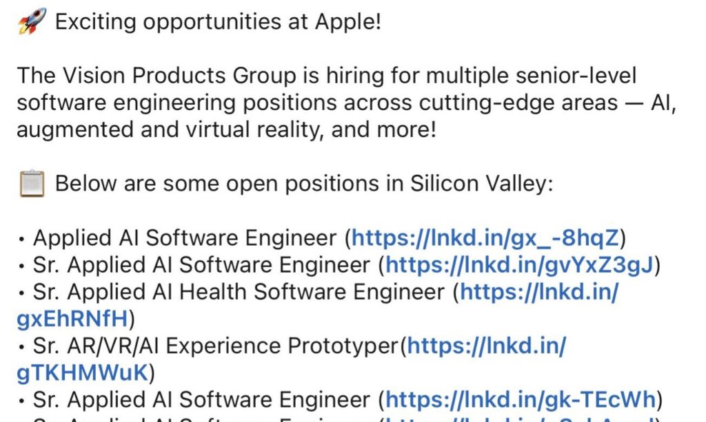 Des offres d'emploi partag&eacute;s par Apple pour son &eacute;quipe Vision Pro.