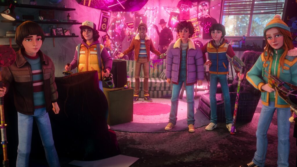 Stranger Things: Tales From '85. (L to R) Benjamin Plessala as Will, Braxton Quinney as Dustin, Elisha Williams as Lucas, Brooklyn Davey Norstedt as Eleven, Luca Diaz as Mike and Jolie Hoang-Rappaport as Max in Stranger Things: Tales From '85. Cr. COURTESY OF NETFLIX © 2026