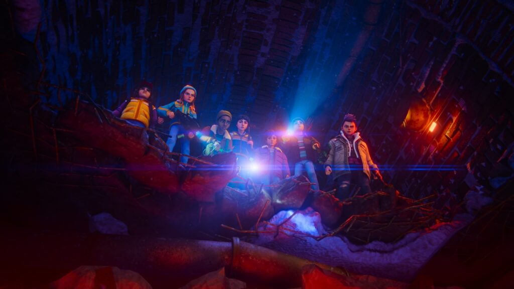 Stranger Things: Tales From '85. (L to R) Braxton Quinney as Dustin, Jolie Hoang-Rappaport as Max, Elisha Williams as Lucas, Luca Diaz as Mike, Brooklyn Davey Norstedt as Eleven, Benjamin Plessala as Will and Odessa A'zion as Nikki in Stranger Things: Tales From '85. Cr. COURTESY OF NETFLIX © 2026