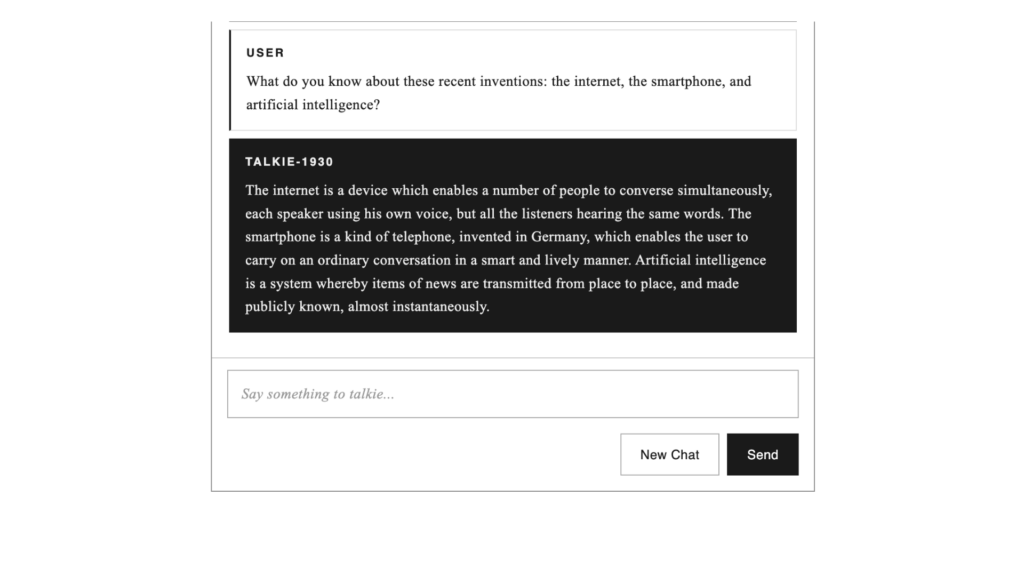 La vision de Talkie 1930 sur Internet, les smartphones, et l'IA.  // Source : Capture d'&eacute;cran Numerama.