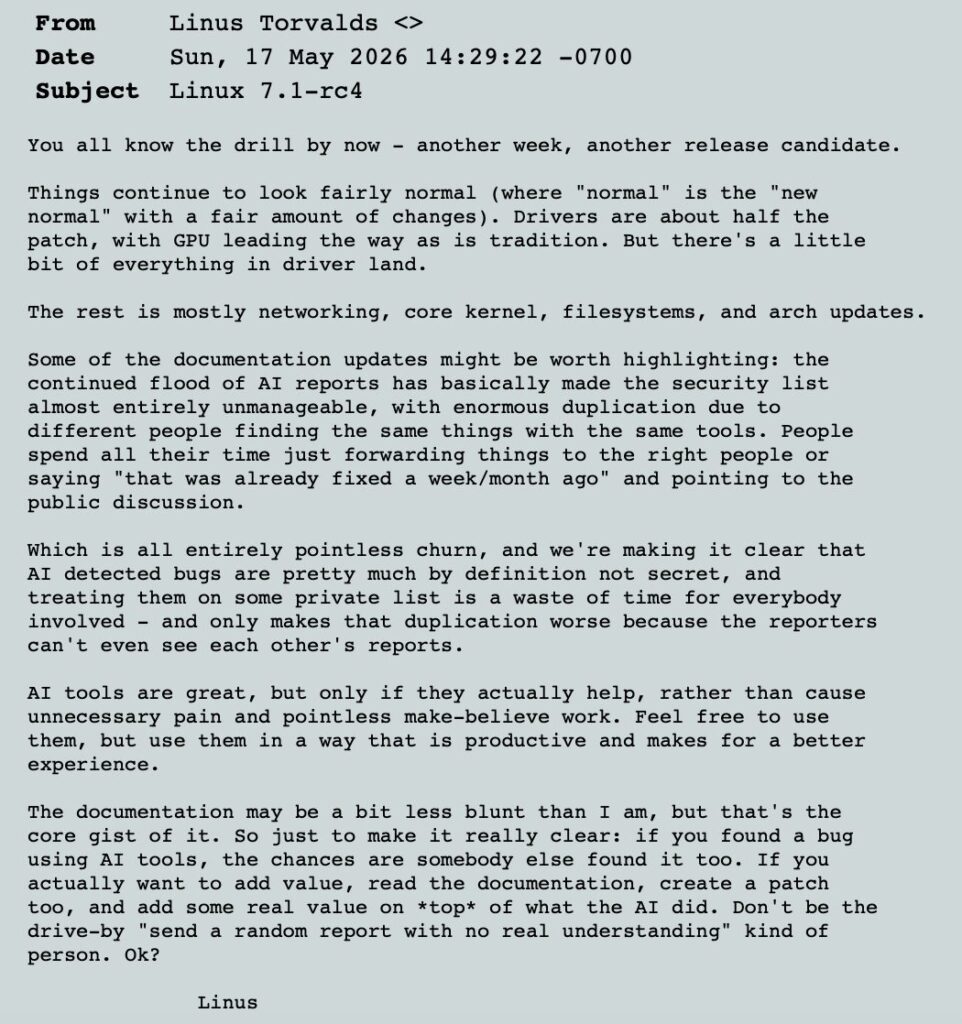 Mail de Linus Torvalds, dat&eacute; du 17 mai 2026 // Source : Capture LKLM