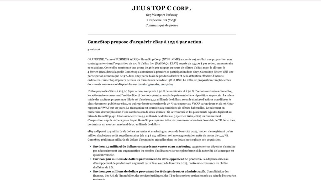 GameStop propose d'acqu&eacute;rir eBay &agrave; 125 $ par action. // Source : GameStop