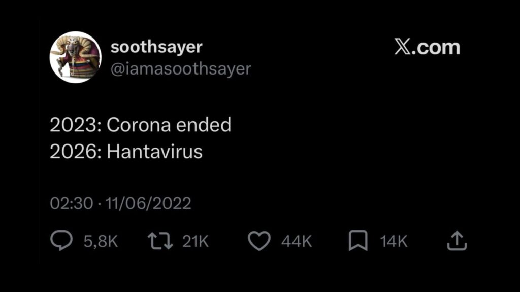 Un message publi&eacute; sur X en 2022 aurait &laquo; pr&eacute;dit &raquo; l&rsquo;arriv&eacute;e de l&rsquo;hantavirus en 2026. // Source : @iamasoothsayer