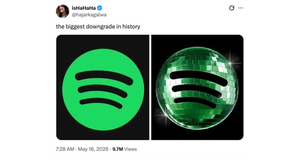 Le nouveau logo de Spotify a été très critiqué sur les réseaux sociaux. // Source : @hajarkagalwa sur X Le nouveau logo de Spotify a été très critiqué sur les réseaux sociaux. // Source : @hajarkagalwa sur X