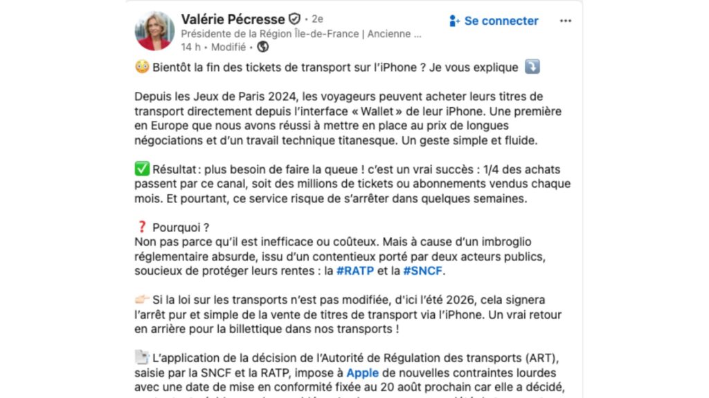 Le message de Val&eacute;rie P&eacute;cresse publi&eacute; sur LinkedIn. // Source : Capture d'&eacute;cran Numerama