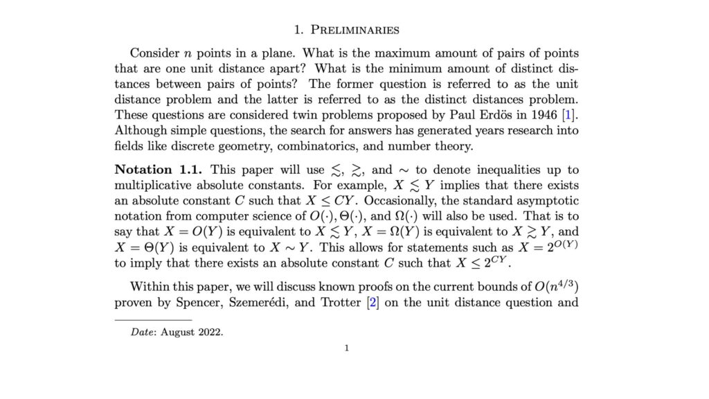Un article de synthèse qui présente les deux problèmes de distances d’Erdős de 1946. // Source : Jessica Cao Un article de synthèse qui présente les deux problèmes de distances d’Erdős de 1946. // Source : Jessica Cao