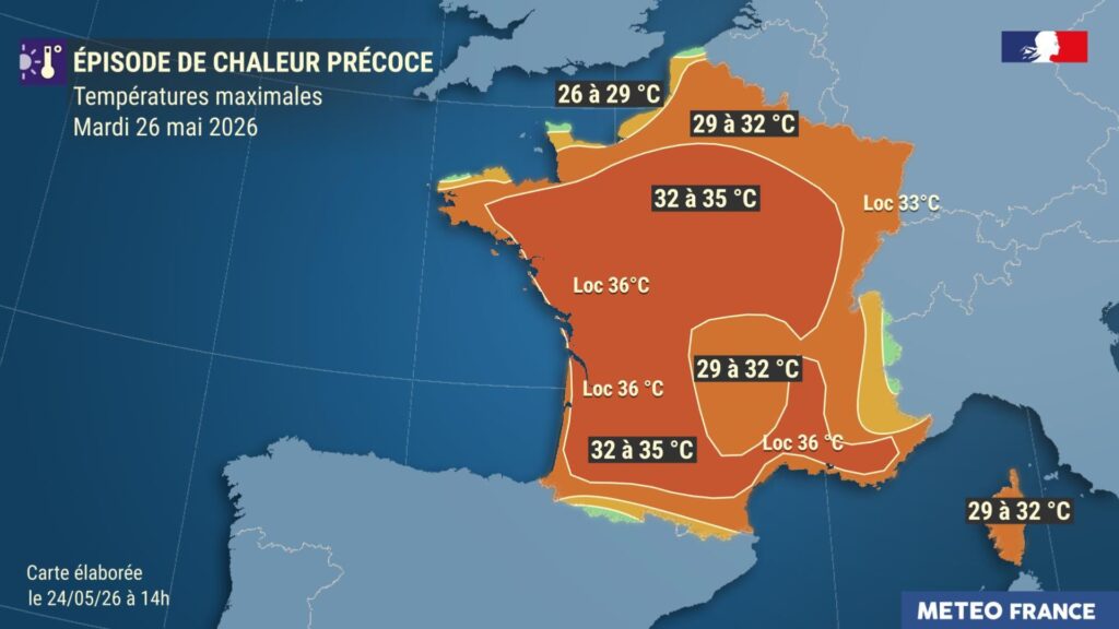 Pr&eacute;visions pour le 26 mai 2026. // Source : Via X @meteofrance