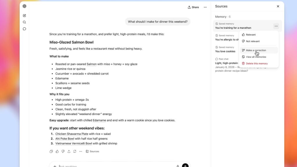 Cette nouvelle interface permet de voir quels &eacute;l&eacute;ments de contexte sont utilis&eacute;s pour personnaliser les r&eacute;ponses. // Source : OpenAI
