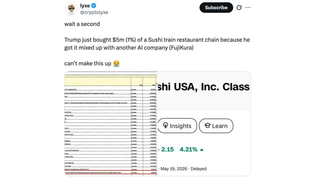 Beaucoup d'internautes pensent que Trump a confondu Kura Sushi et Fujikura. // Source : @cryptolyxe sur X Beaucoup d'internautes pensent que Trump a confondu Kura Sushi et Fujikura. // Source : @cryptolyxe sur X
