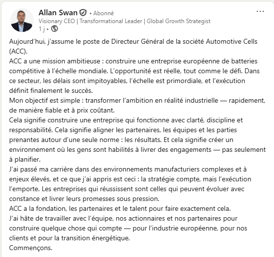 Annonce d'Allan Swan concernant ACC // Source : Allan Swan sur Linkedin 