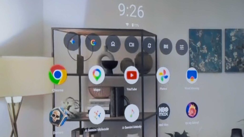 Ce que je voyais en portant les lunettes : les applications occupent une grande partie de ma vision mais sont transparentes, je vois &agrave; travers. // Source : Numerama