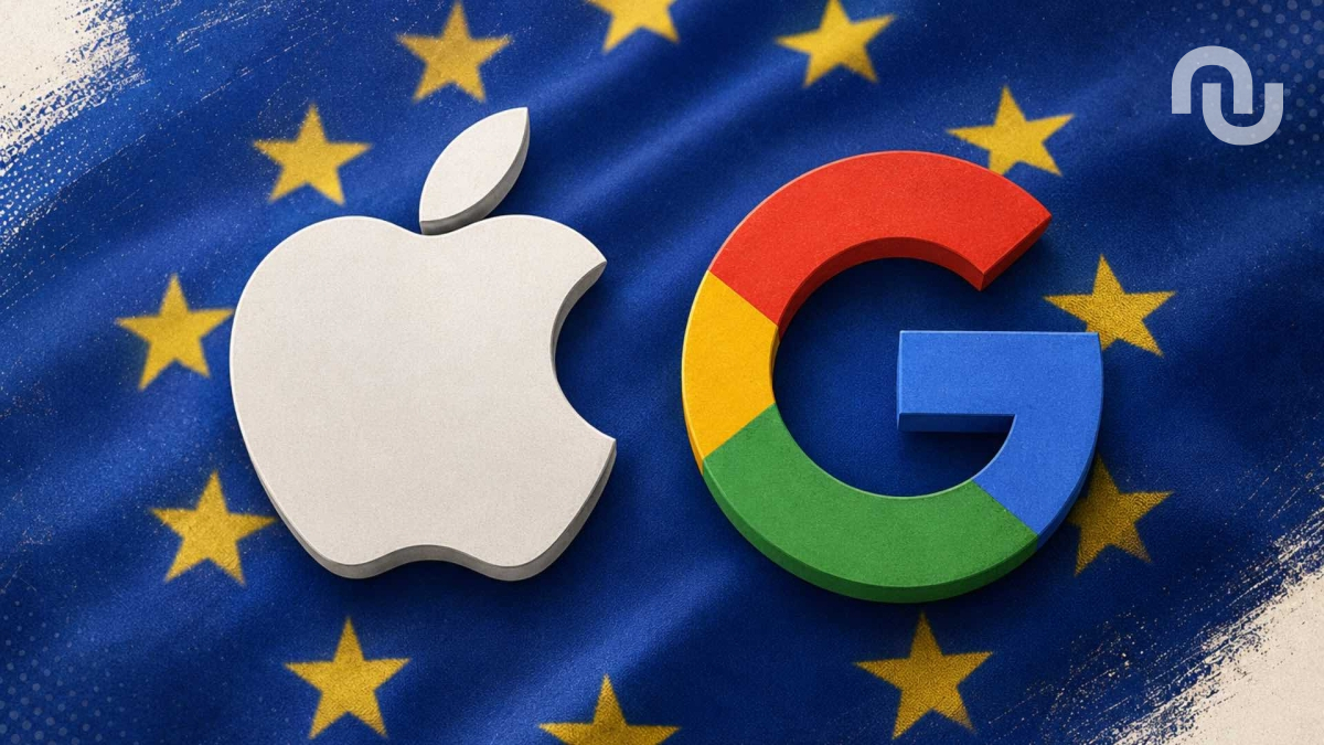 Apple et Google et le drapeau européen. // Source : Numerama avec ChatGPT Images Apple et Google et le drapeau européen. // Source : Numerama avec ChatGPT Images