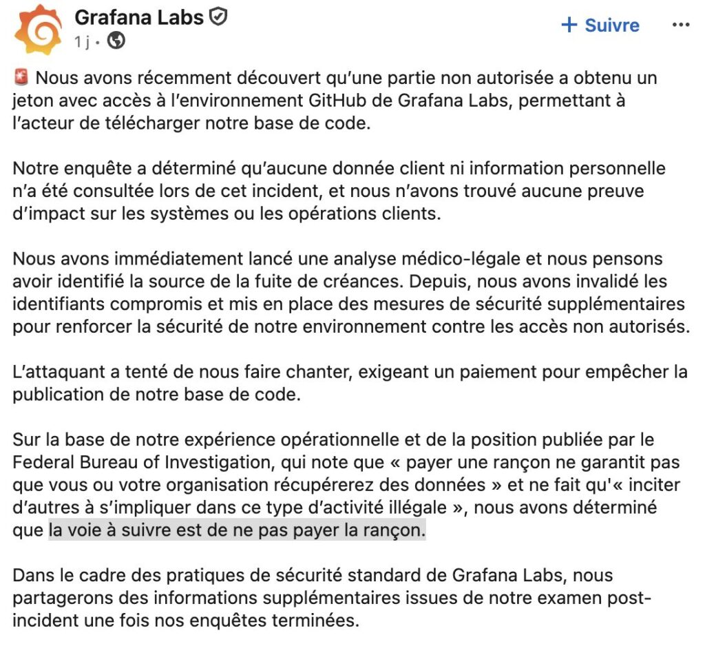Communication de Grafana Labs // Source : LinkedIn