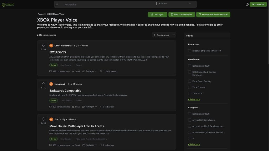 Les demandes les plus pl&eacute;biscit&eacute;es du portail XBOX Player Voice // Source : Capture Xbox