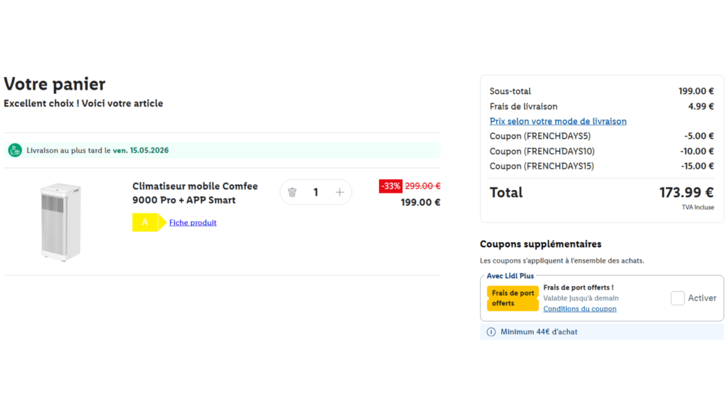 Climatiseur mobile Comfee 9000 Pro + APP Smart French Days // Source : Lidl