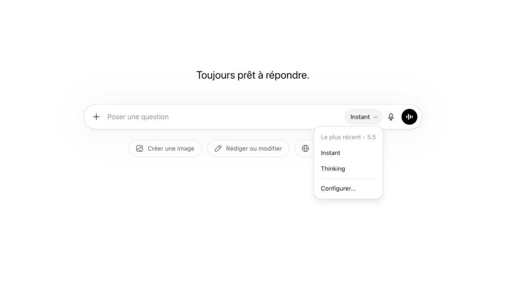 OpenAI a d&eacute;voil&eacute; GPT-5.5 Instant le 5 mai 2026.  // Source : Capture d'&eacute;cran Numerama