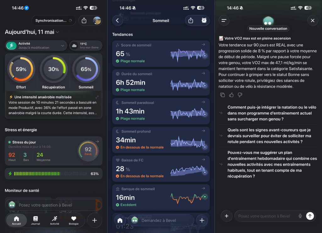 L'interface de Bevel avec les donn&eacute;es d'une Apple Watch et le chatbot &agrave; droite.