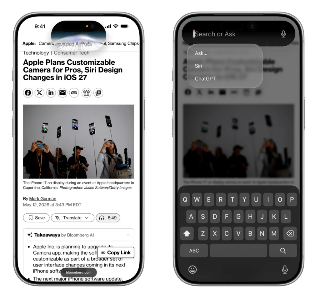 L'interface supposée du nouveau Siri dans la Dynamic Island. L'interface supposée du nouveau Siri dans la Dynamic Island.