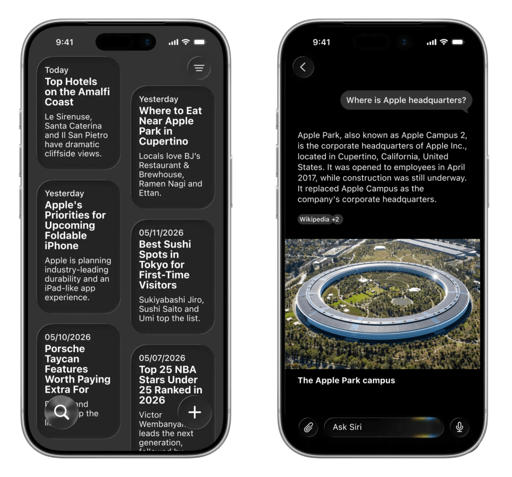 L'application Siri selon Bloomberg, avec des bulles pour chaque conversation plutôt qu'une liste. L'application Siri selon Bloomberg, avec des bulles pour chaque conversation plutôt qu'une liste.