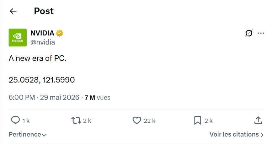 Le pst publi&eacute; par Nvidia le 29 mai sur X