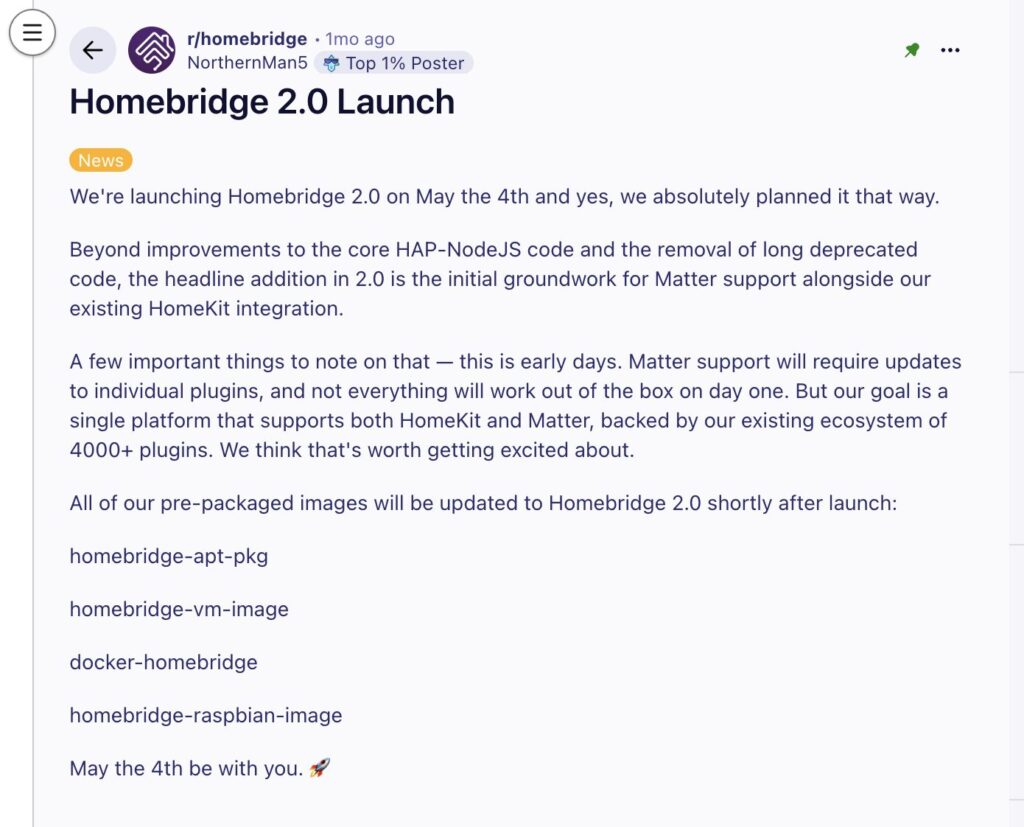L'annonce du lancement de Homebridge 2.0 sur Reddit.