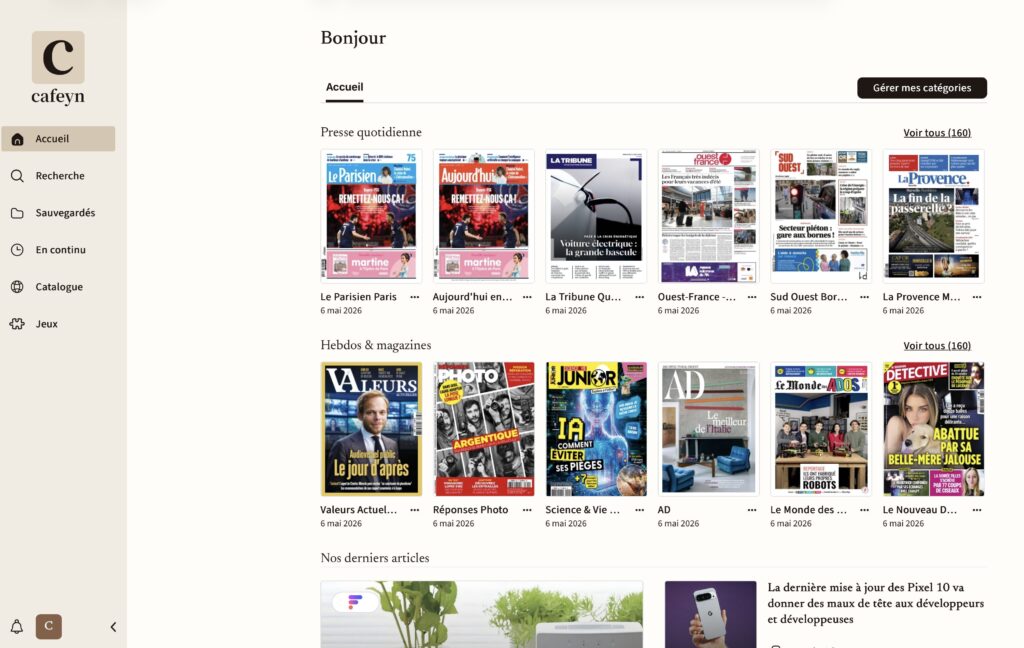 L'interface de Cafeyn sur le web en mai 2026.