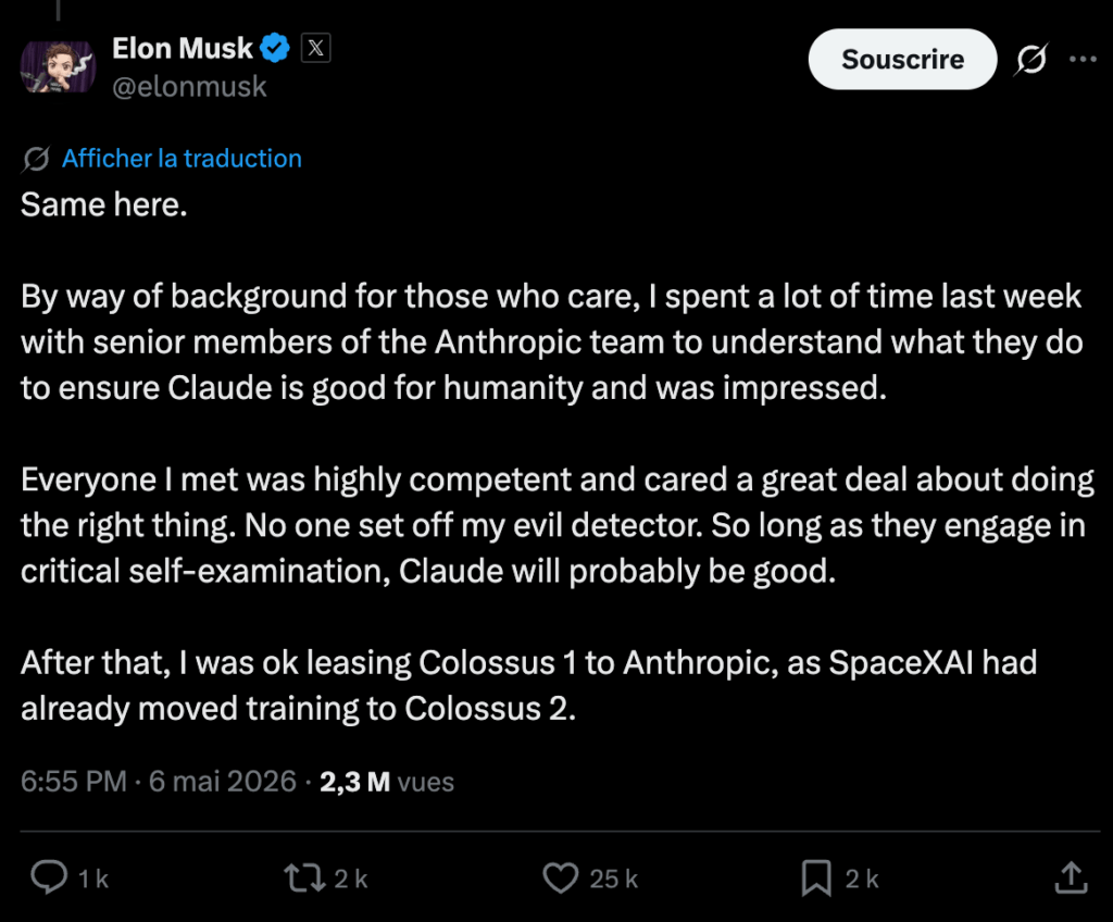 Elon Musk explique sa nouvelle amiti&eacute; avec Anthropic.