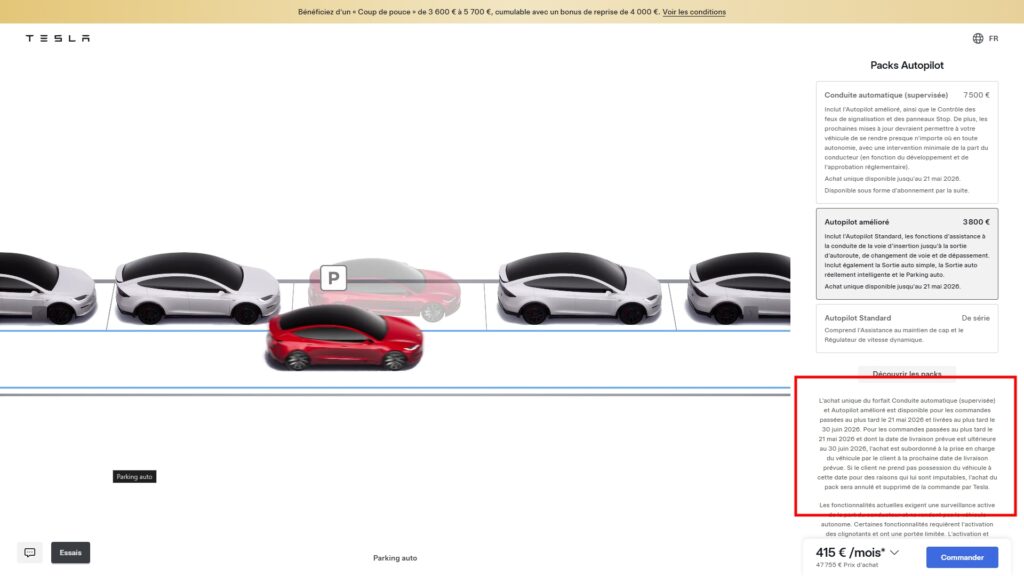 Tesla changement sur les packs Autopilot // Source : Capture site Tesla
