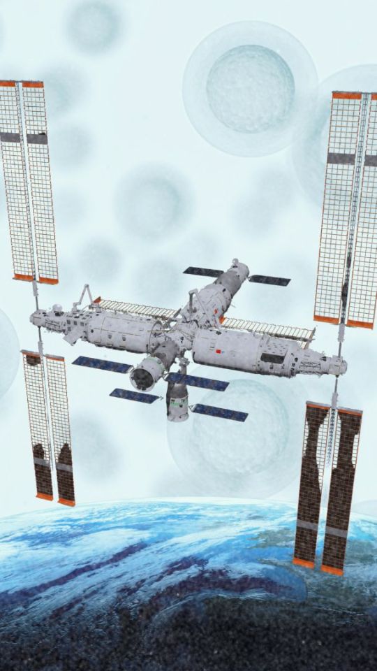 Tiangong. // Source : Wikimedia/Shujianyang ; montage Numerama avec Canva Tiangong. // Source : Wikimedia/Shujianyang ; montage Numerama avec Canva