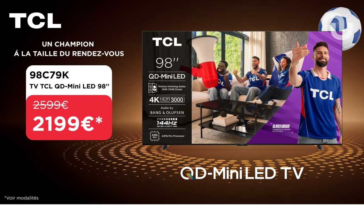 Offre Coupe du monde 2026 sur le TV QD Mini LED TCL 98C79K // Source : TCL Offre Coupe du monde 2026 sur le TV QD Mini LED TCL 98C79K // Source : TCL