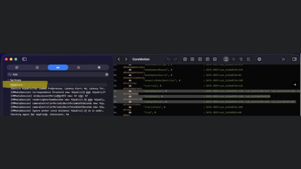 Le framework iOS 27 fait référence à « foldState » et « angleDegrees », // Source : @samhenrigold sur X Le framework iOS 27 fait référence à « foldState » et « angleDegrees », // Source : @samhenrigold sur X