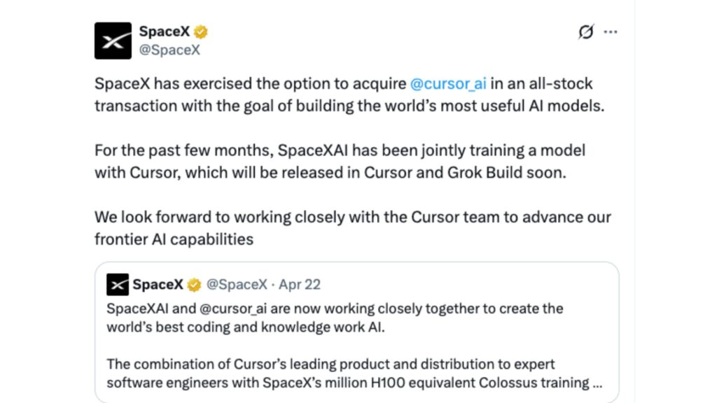 SpaceX va mettre la main sur Cursor. // Source : @SpaceX sur X SpaceX va mettre la main sur Cursor. // Source : @SpaceX sur X