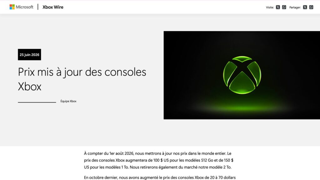 Microsoft a annoncé une nouvelle hausse du prix des Xbox à compter du 1er août 2026. // Source : Capture d'écran Numerama
