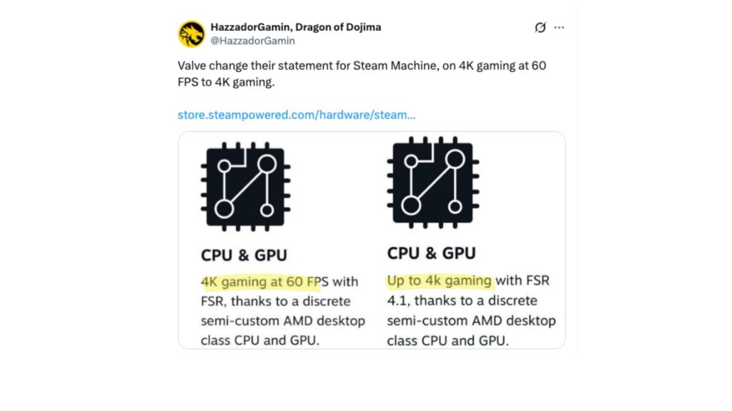 Valve a changé la promesse de 4K à 60 FPS. // Source : @HazzadorGamin sur X