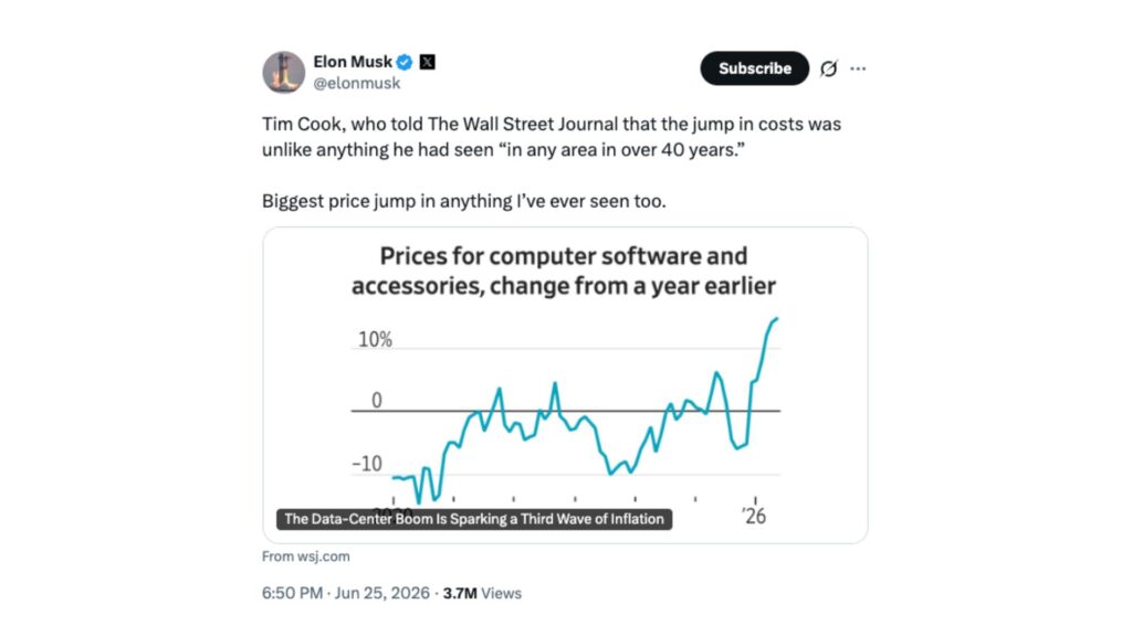 Elon Musk a relayé les déclarations de Tim Cook sur X.  // Source : Capture d'écran Numerama