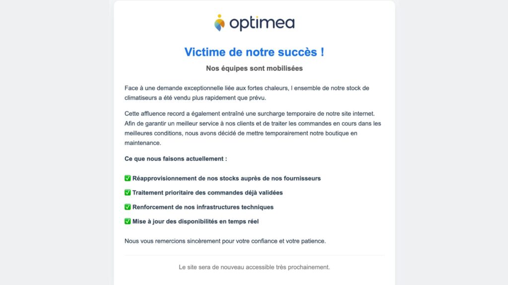 Optimea a volontairement mis son site en maintenance.  // Source : Capture d'écran Numerama