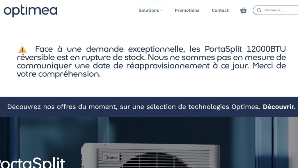 Optimea n'est pas encore en mesure de communiquer une date de retour pour le Midea.  // Source : Capture d'écran Numerama