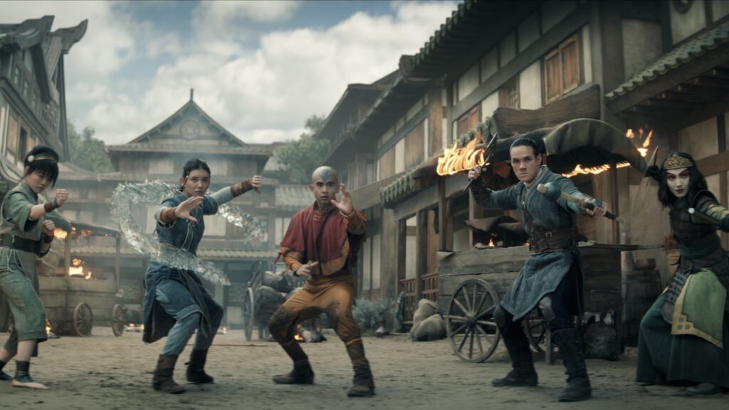 Avatar: The Last Airbender. (L to R) Miyako as Toph, Kiawentiio Tarbell as Katara, Gordon Cormier as Aang, Ian Ousley as Sokka, Maria Zhang as Suki in episode 202 of Avatar: The Last Airbender. Cr. Courtesy of Netflix © 2026