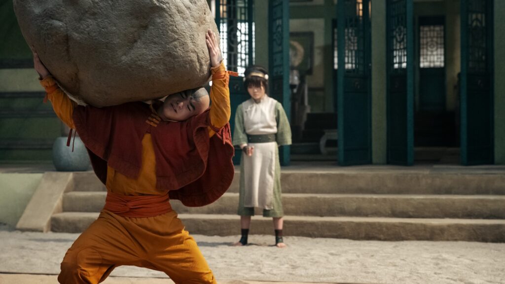 Avatar: The Last Airbender. Gordon Cormier as Aang, Miyako as Toph in season 2 of Avatar: The Last Airbender. Cr. Katie Yu/Netflix © 2026